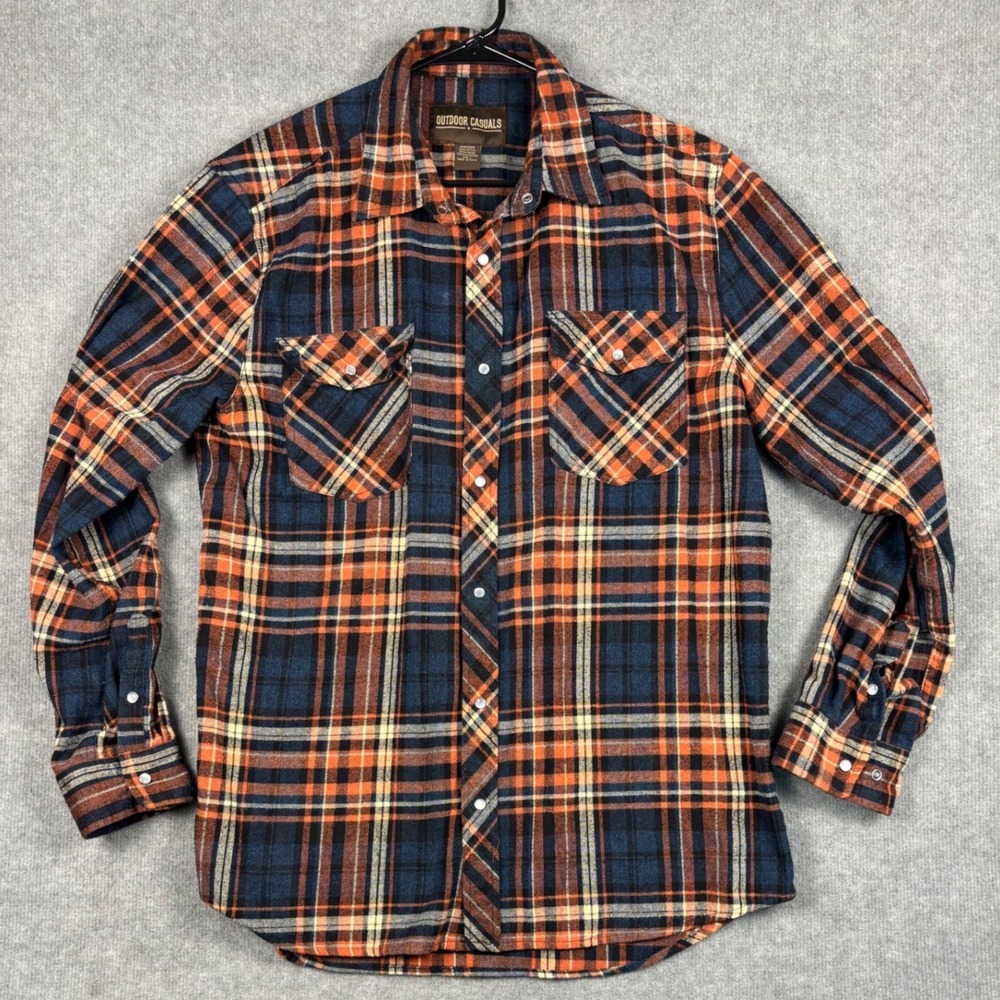 Outdoor Casuals Plaid Flannel Western Snap Shirt Large‎ Orange Navy Blue